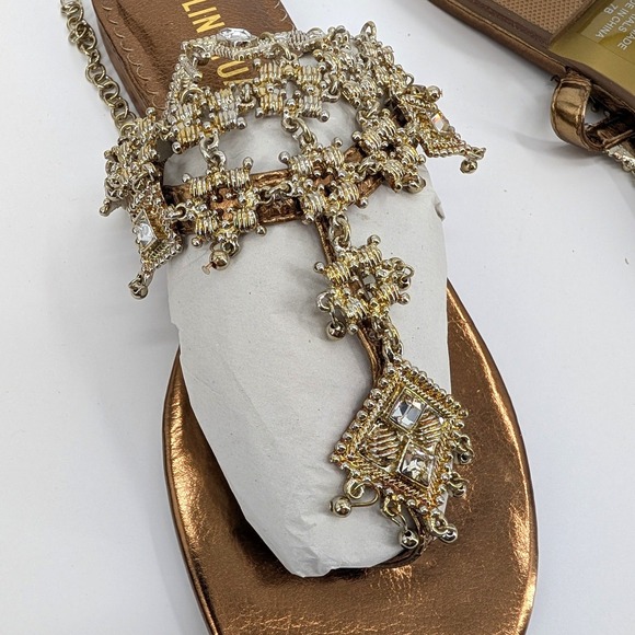 Colin Stuart Bronze Jeweled Filigree Flat Sandals Ankle Chain Womens 7B - Damage - Picture 3 of 8